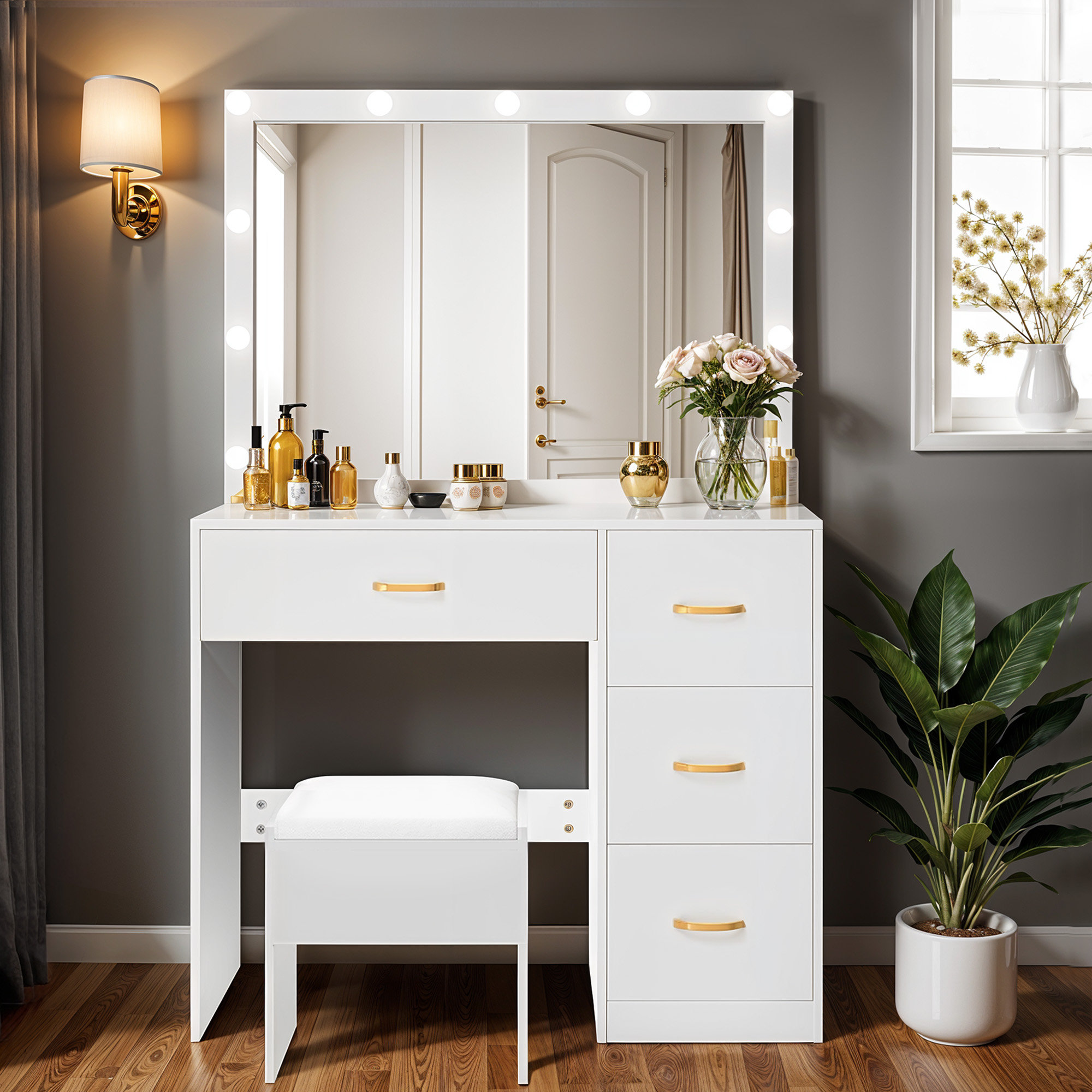 Latitude Run® Glamorous Vanity table with Built-In Outlets